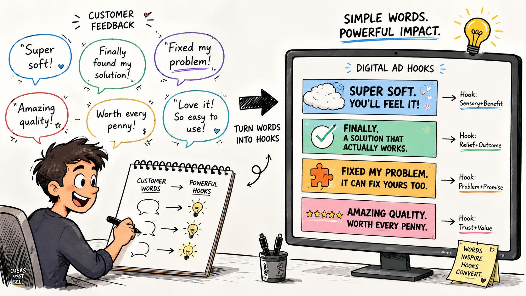 A digital illustration showing a person turning customer feedback comments into effective marketing ad hooks on a screen.