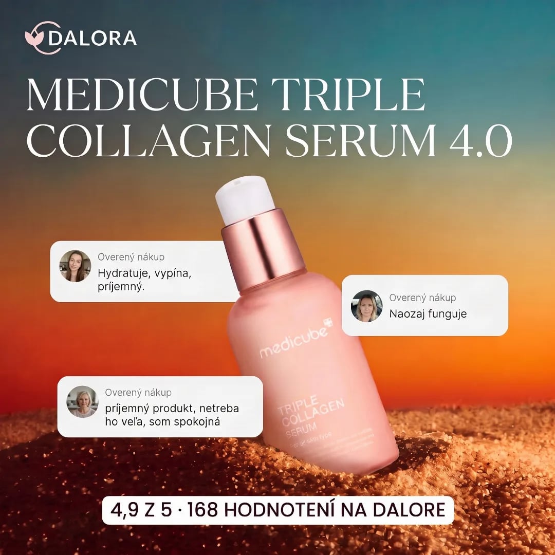 A static ad Selzee made for Dalora, with Slovak text: a Medicube Triple Collagen Serum bottle in sand, three verified-purchase quotes and the line 4.9 of 5 from 168 reviews on Dalora