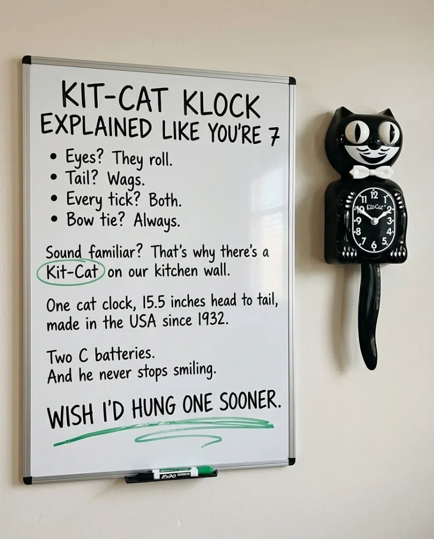 A static ad Selzee made for Kit-Cat Klock: a whiteboard reading Kit-Cat Klock explained like you're 7, with made in the USA since 1932, next to the black cat clock on the wall