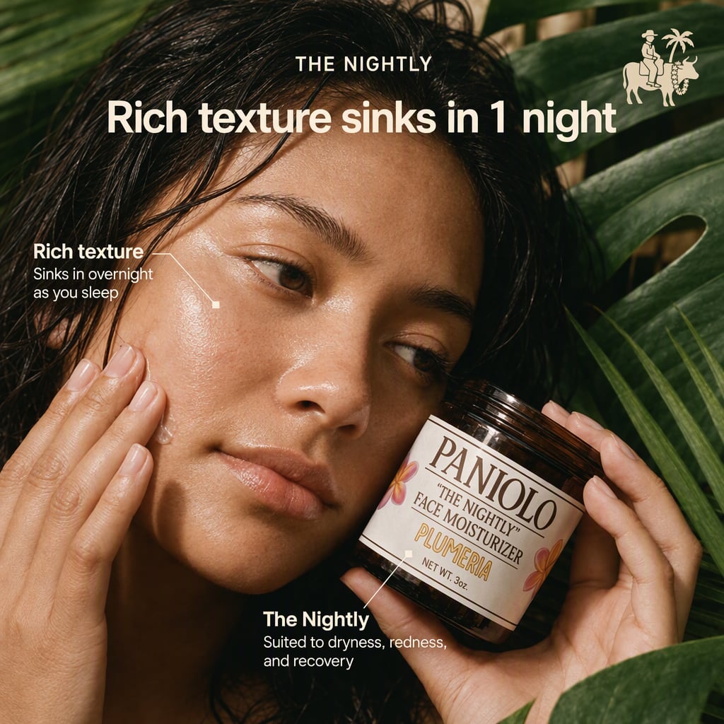 A static ad Selzee made for Paniolo: a woman holds a jar of The Nightly face moisturizer to her cheek under Rich texture sinks in 1 night