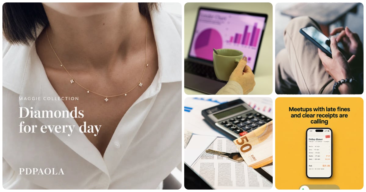 A collage of a Selzee-made necklace ad, a laptop showing sales charts beside a coffee cup, hands scrolling a phone, a calculator with receipts and a banknote, and a Selzee-made group dinner app ad