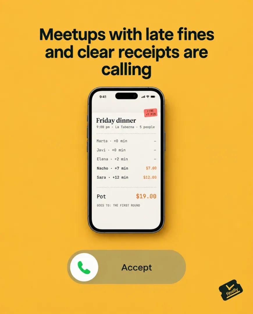 A Selzee-made ad for Finelly: a phone showing a group dinner bill with late fines above an incoming-call Accept button, the same native call format used for a different product