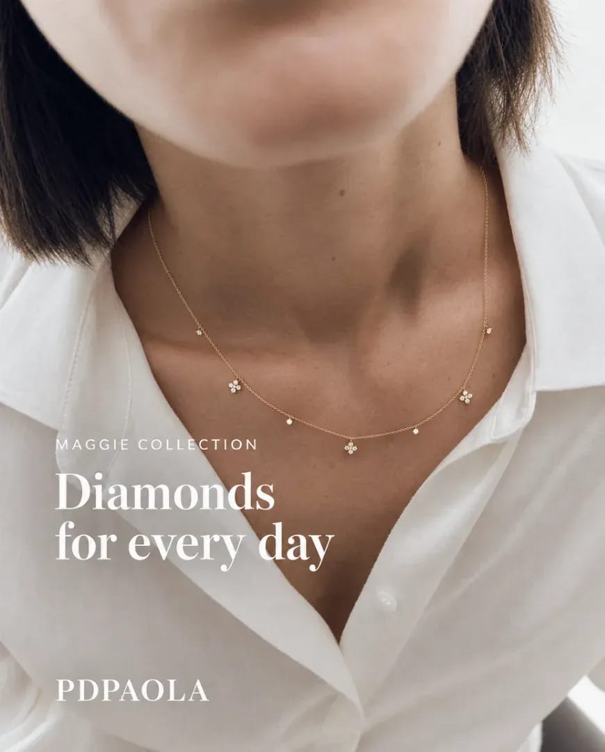A Selzee-made ad for PDPAOLA: a woman in a white shirt wearing a fine diamond necklace under the line Diamonds for every day, the everyday-wear angle