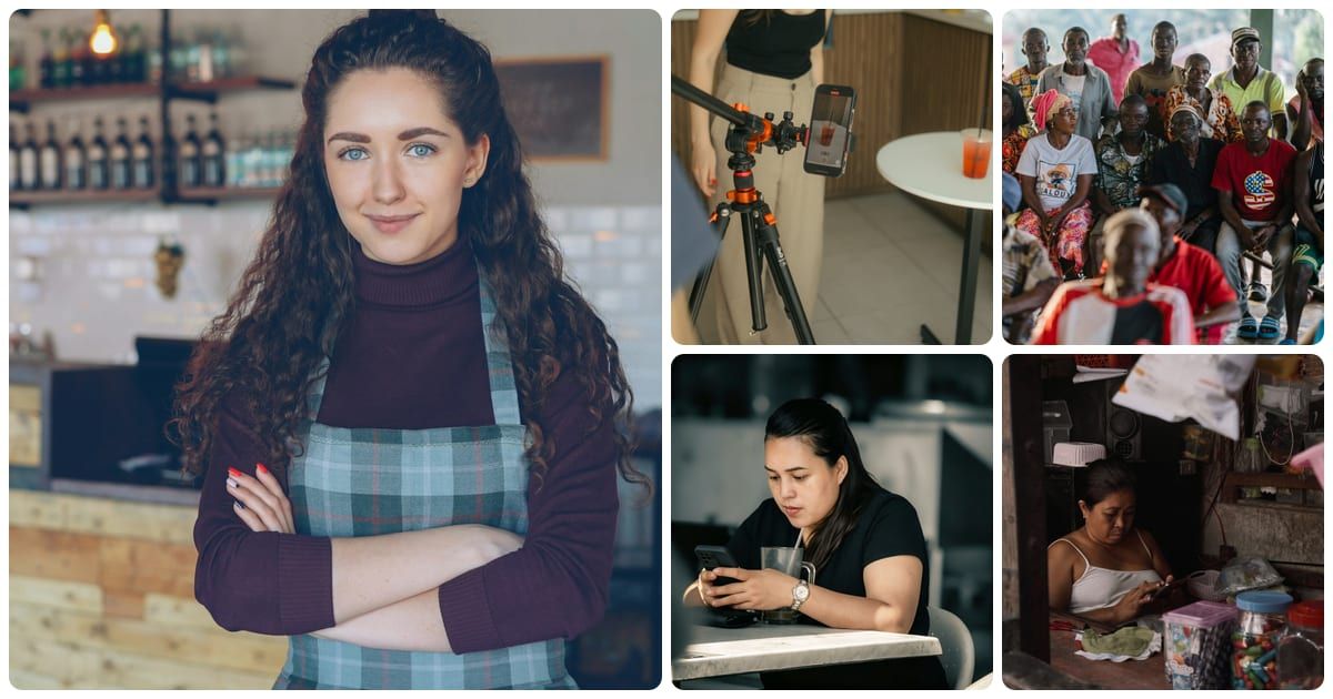 A collage of a cafe owner at her counter, a phone filming on a tripod, a community gathering, a woman scrolling her phone at a cafe table and a shop owner reading her phone behind the counter