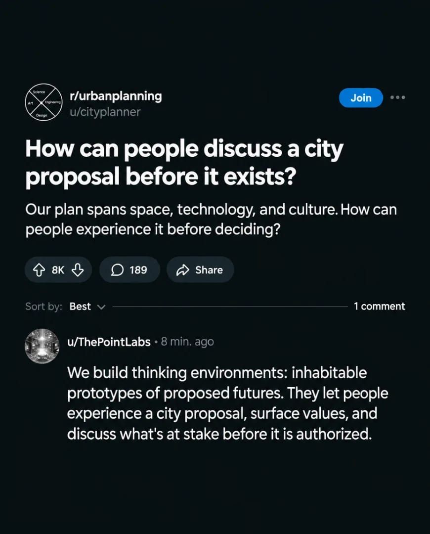 A Selzee-made ad for The Point Labs styled as a community thread: the question How can people discuss a city proposal before it exists, with votes, comments and a reply from the company