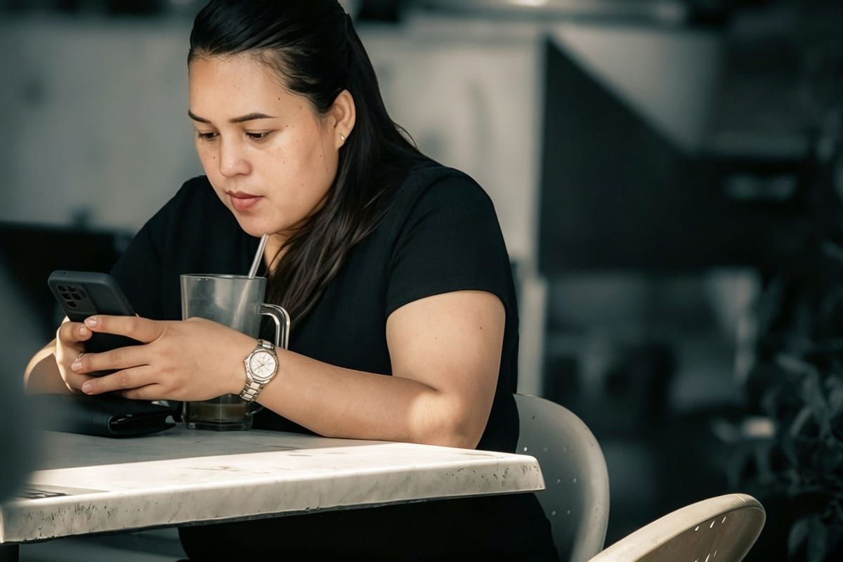 A woman scrolling her phone at a cafe table with a drink beside her: most of what she sees in her Feed has no link in it