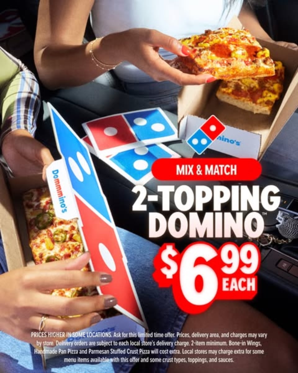 An ad by Domino's in the Meta Ad Library: two boxed Domino pizzas held in a car, Mix and Match 2-Topping Domino, $6.99 each
