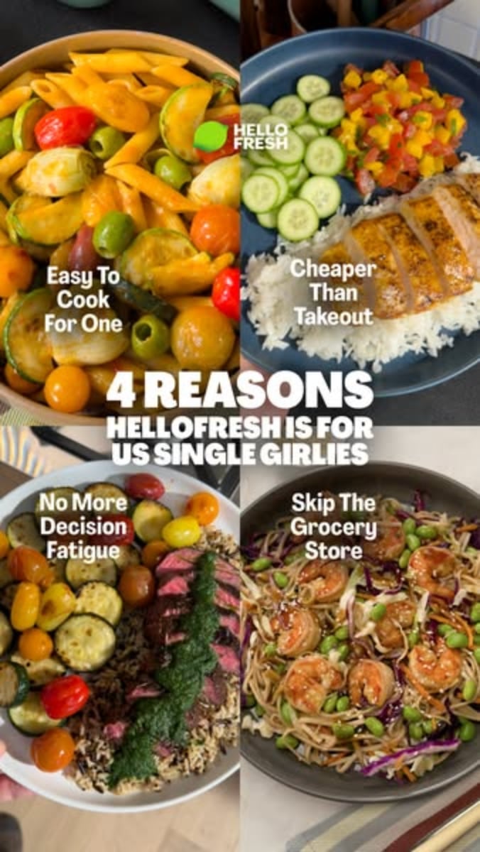 An ad by HelloFresh in the Meta Ad Library: four plated meals with the labels Easy To Cook For One, Cheaper Than Takeout, No More Decision Fatigue and Skip The Grocery Store