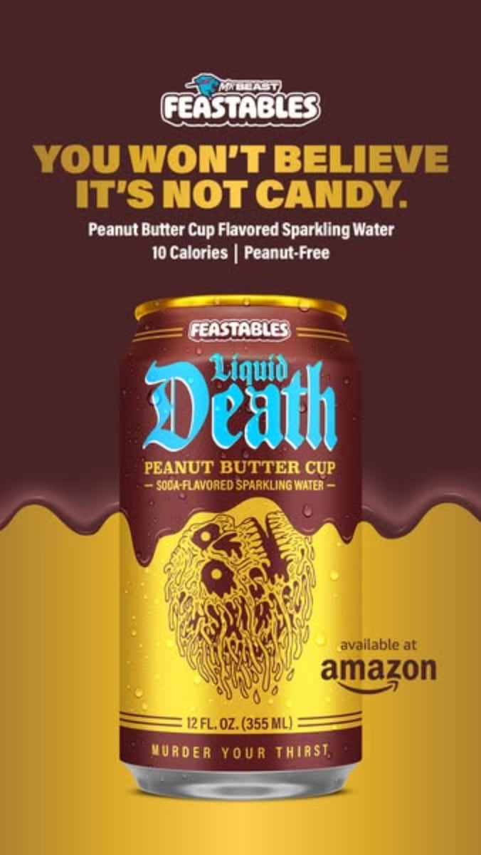 An ad by Liquid Death in the Meta Ad Library: a Feastables Peanut Butter Cup can under the line You won't believe it's not candy