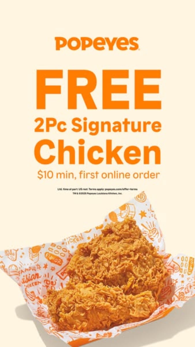An ad by Popeyes in the Meta Ad Library: FREE 2Pc Signature Chicken with a $10 minimum on the first online order, over fried chicken