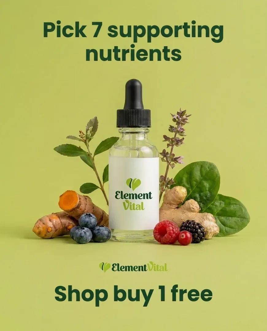 A static ad Selzee made for Element Vital: a dropper bottle among fruit and vegetables with Shop buy 1 free