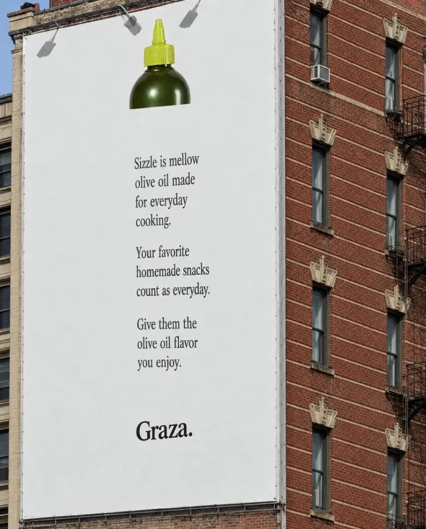 A static ad Selzee made for Graza: a billboard with a green olive oil bottle and short lines about everyday cooking oil