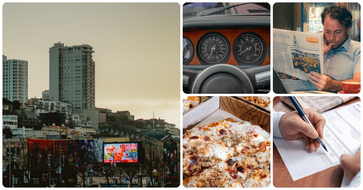 A collage of a city billboard at dusk, a vintage car dashboard, a man reading a newspaper, pizzas in delivery boxes and a pen marking up printed copy