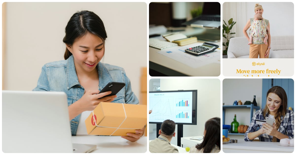 A collage of a store owner checking a parcel order on her phone, a calculator on a desk, a Selzee-made baby carrier ad, a sales chart presented to a team, and a customer paying online by card