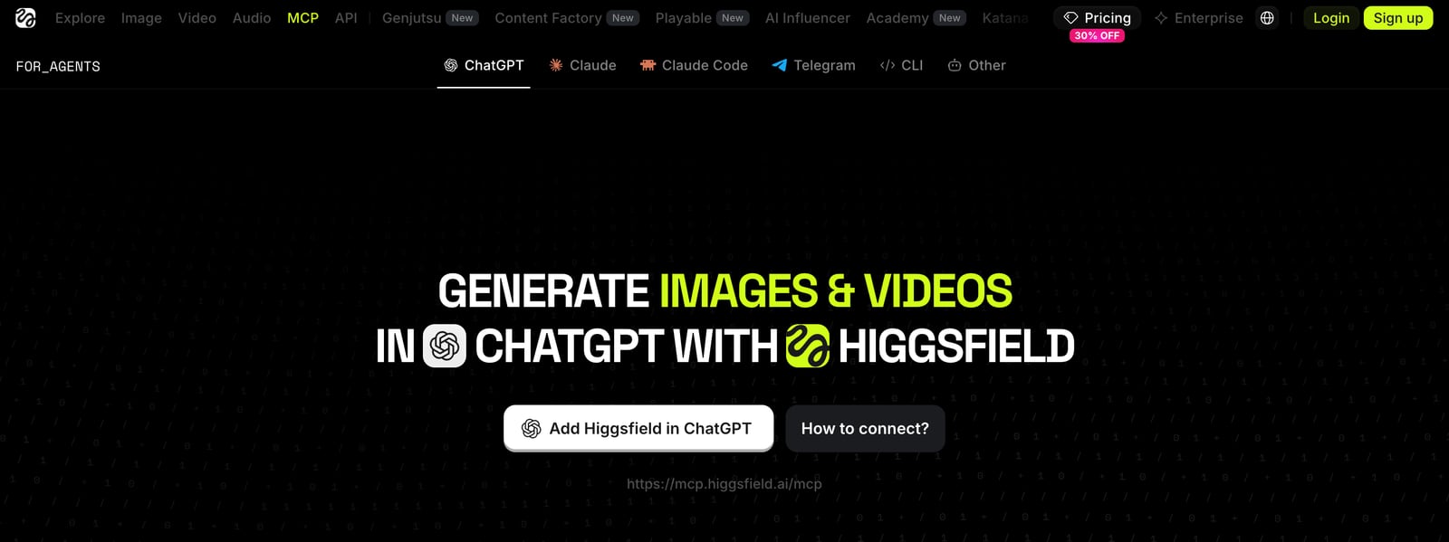 Higgsfield's MCP page on the ChatGPT tab, with an Add Higgsfield in ChatGPT button above the same server URL that Claude uses