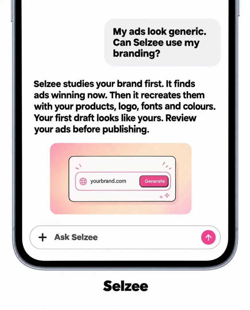 A static ad Selzee made for itself in the shape of a phone chat: My ads look generic, can Selzee use my branding, with the answer below