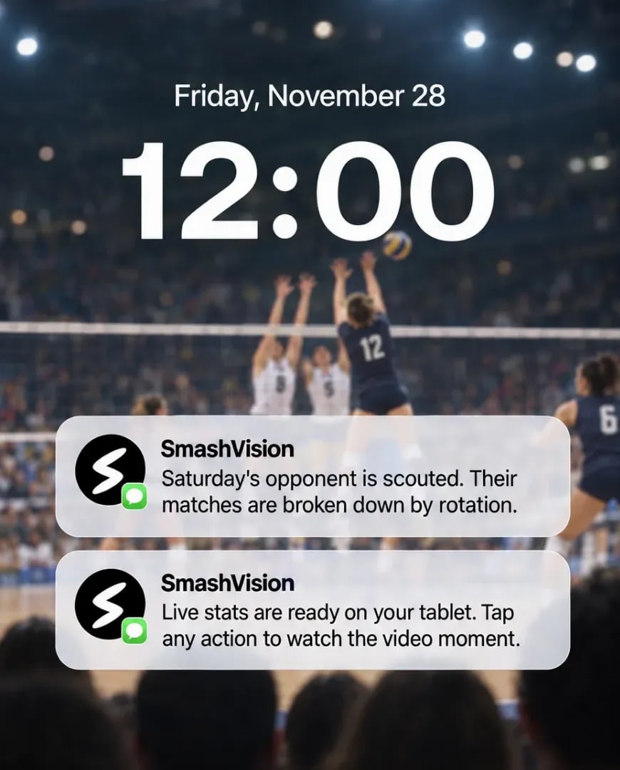 A static ad Selzee made for SmashVision AI as a phone lock screen at a volleyball match, with two app notifications about a scouted opponent and live stats