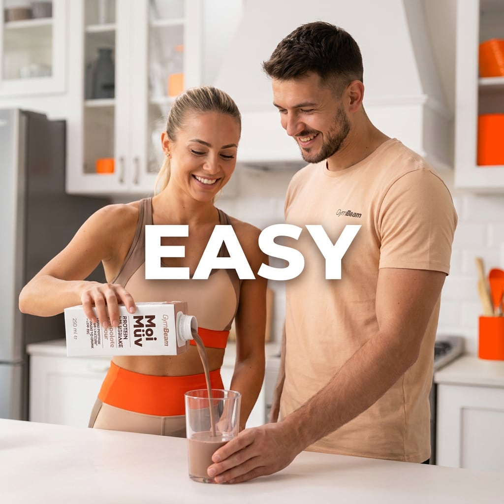 A static ad Selzee made for GymBeam: a couple in a kitchen pours a protein shake under the word EASY