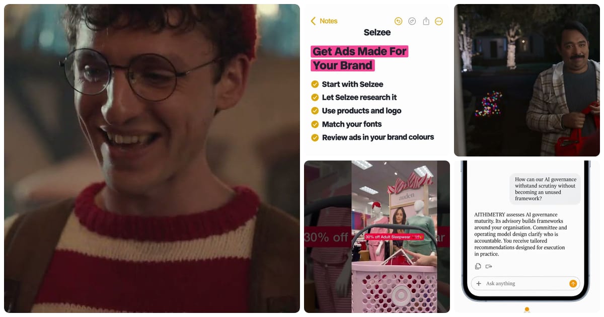 A collage of Waldo smiling in his striped sweater from Etsy's 2024 holiday ad, a Selzee-made Notes app ad with a checklist, a DoorDash Dasher holding a red bag at a front door lit for Christmas, a Target Black Friday video with a 30% off sleepwear sticker, and a Selzee-made ad styled as a chat answer on a phone