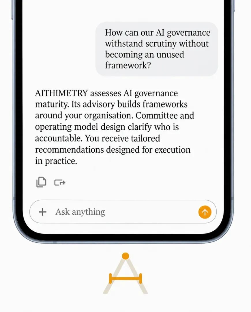 A Selzee-made ad for AITHIMETRY styled as a chat answer on a phone: a question bubble, an answer about AI governance and an Ask anything bar