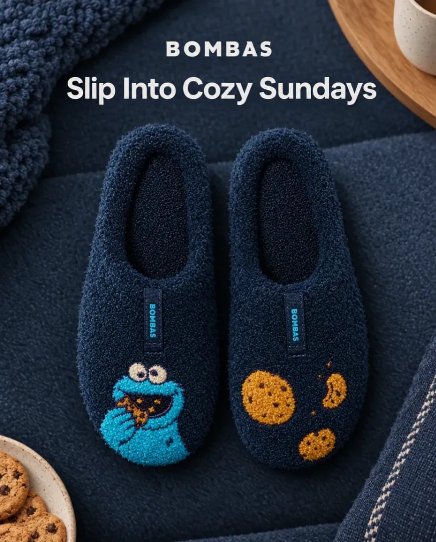 A static ad Selzee made for Bombas: Slip into cozy Sundays, over navy slippers with cookie characters