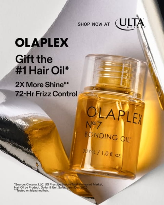 An ad by Olaplex in the Meta Ad Library: Gift the number 1 hair oil, 2X more shine, 72-hour frizz control, over a bottle of No.7 Bonding Oil
