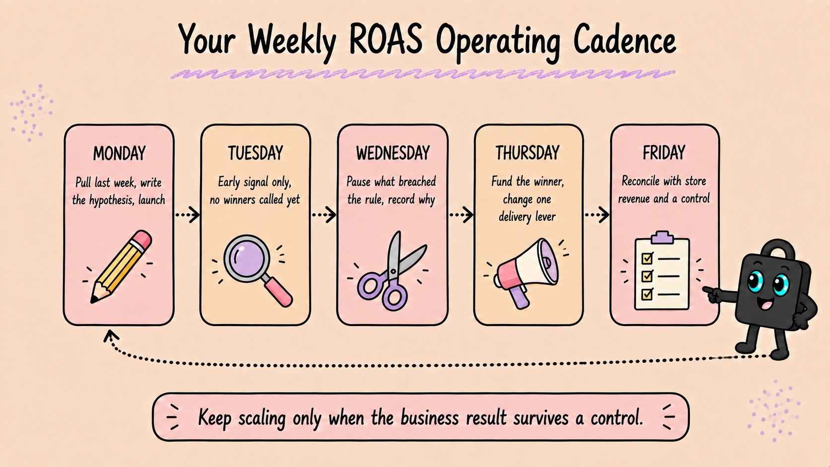 A Monday to Friday ROAS cadence: launch, read early signal, run the kill pass, fund the winner, then reconcile against a control.