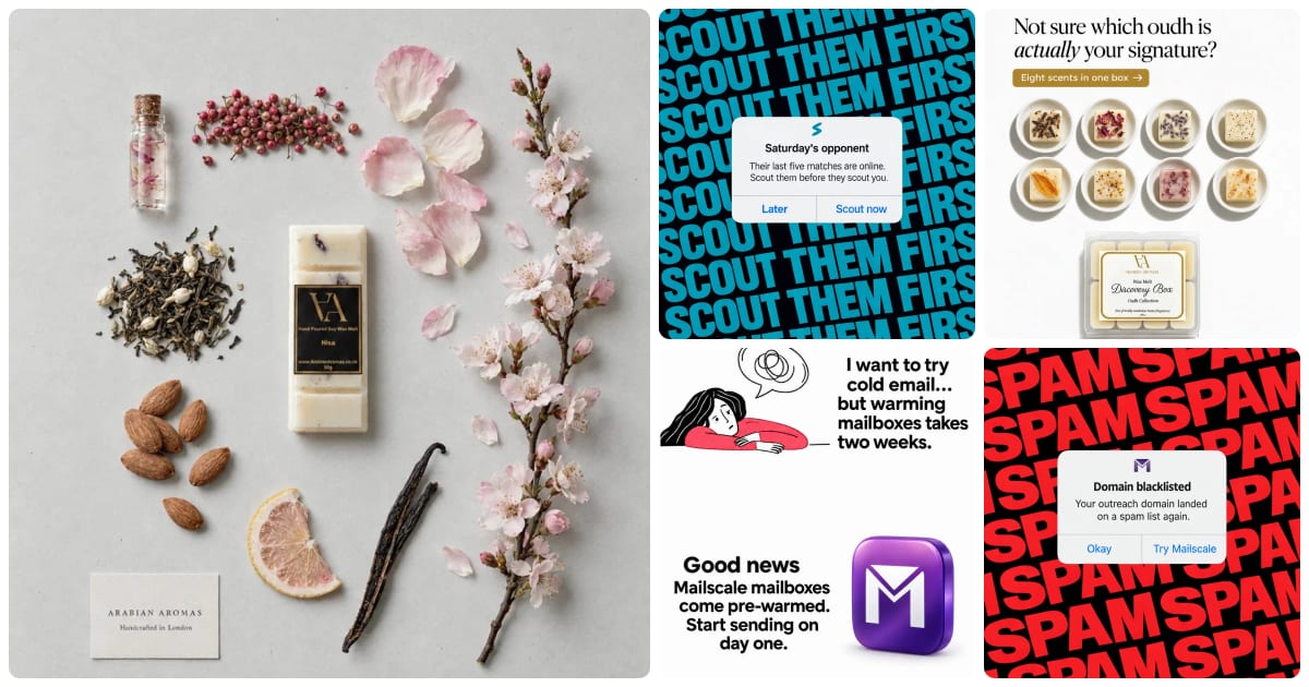 A collage of five Instagram ads: a fragrance flat lay with wax melts and cherry blossom, a fake phone alert on a wall of Scout them first, a discovery box of eight scents, a cold email comic and a domain blacklisted alert on a wall of spam