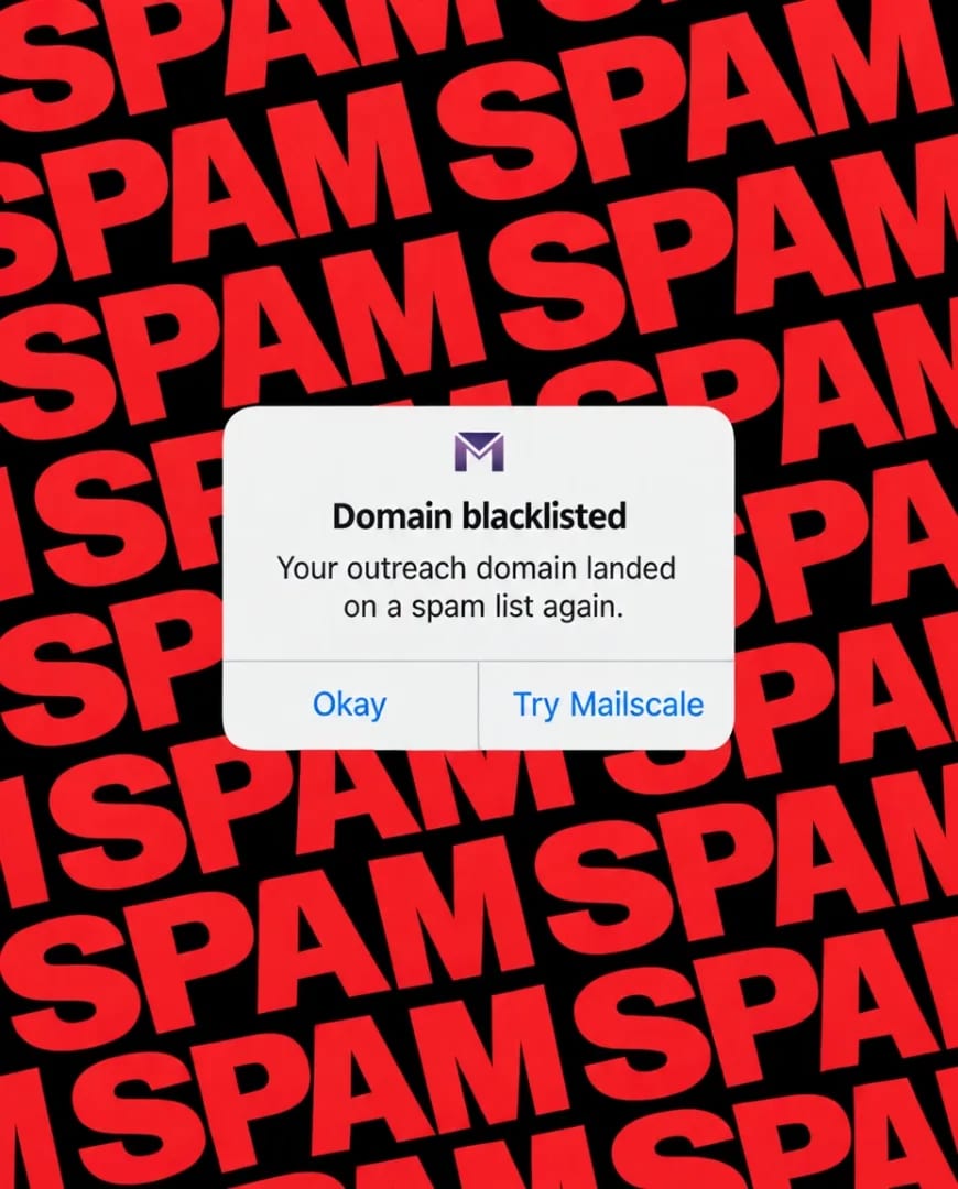 An Instagram ad for Mailscale: a phone alert titled Domain blacklisted with Okay and Try Mailscale buttons, on a red and black wall of the word spam