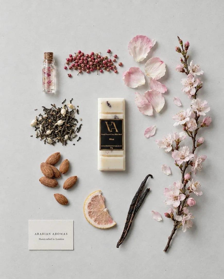 An Instagram ad for Arabian Aromas: a flat lay of one wax melt bar among tea leaves, almonds, pink pepper, vanilla, grapefruit and cherry blossom, with a card that reads Handcrafted in London