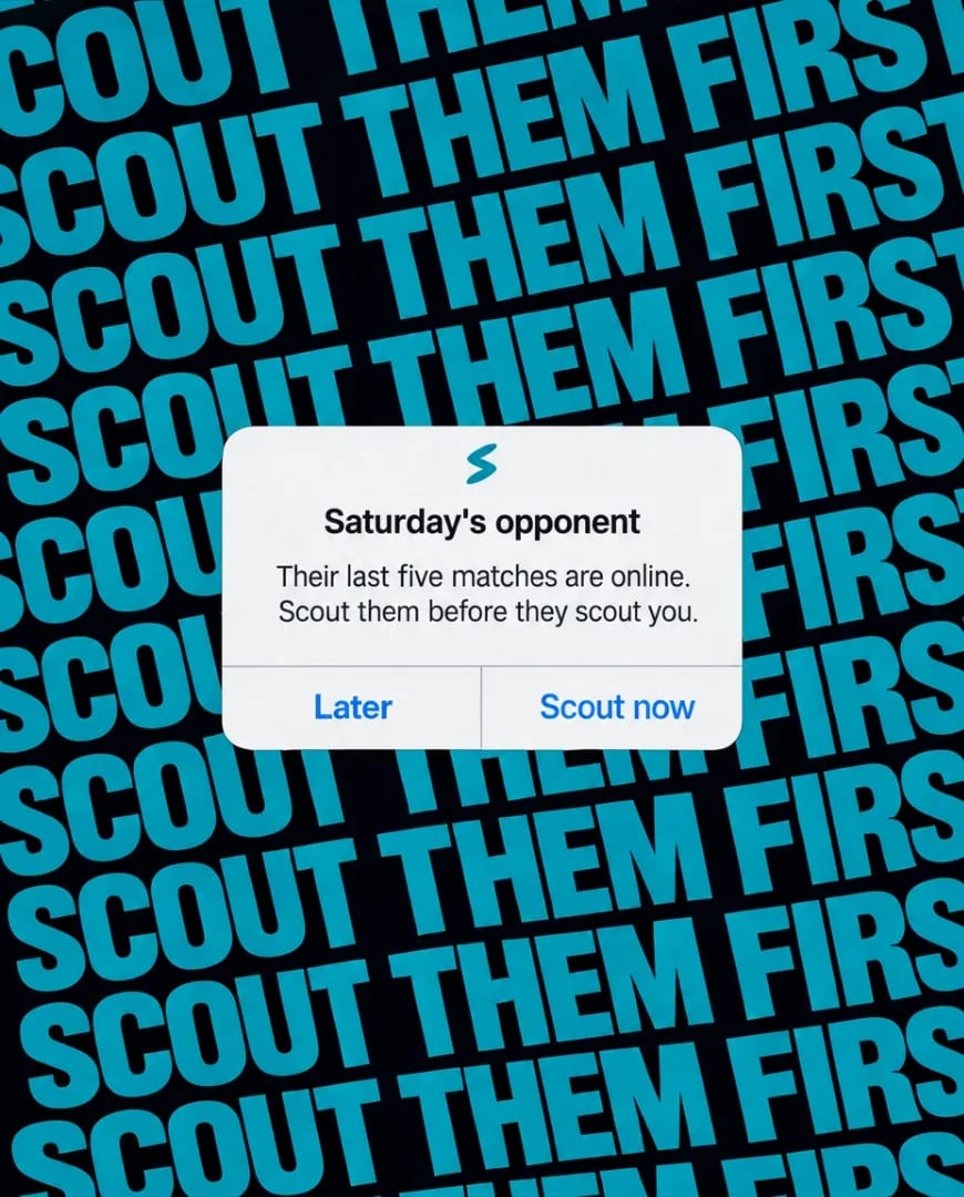 An Instagram ad for SmashVision: a phone alert titled Saturday's opponent with Later and Scout now buttons, on a wall of blue text that repeats Scout them first
