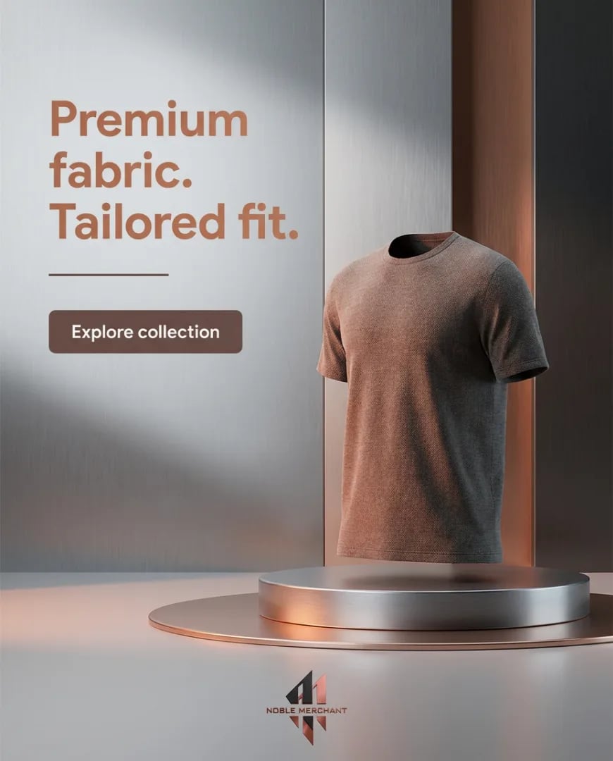A static ad Selzee made for Noble Merchant: a brown T-shirt on a display stand under Premium fabric. Tailored fit., with an Explore collection button
