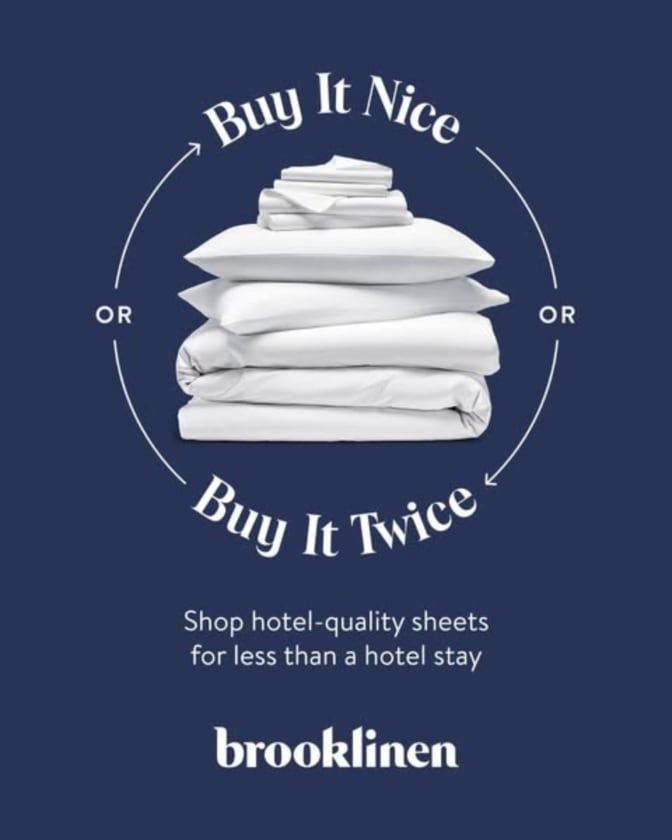 An ad by Brooklinen in the Meta Ad Library: Buy It Nice or Buy It Twice around a stack of white bedding on navy