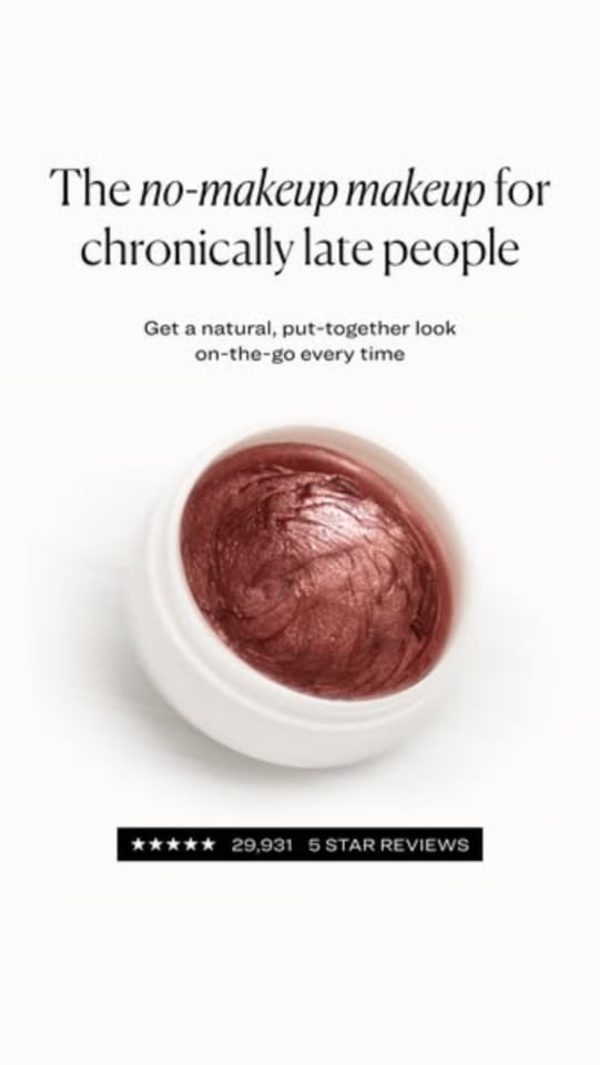 An ad by Jones Road in the Meta Ad Library: The no-makeup makeup for chronically late people, over an open balm pot and 29,931 five-star reviews