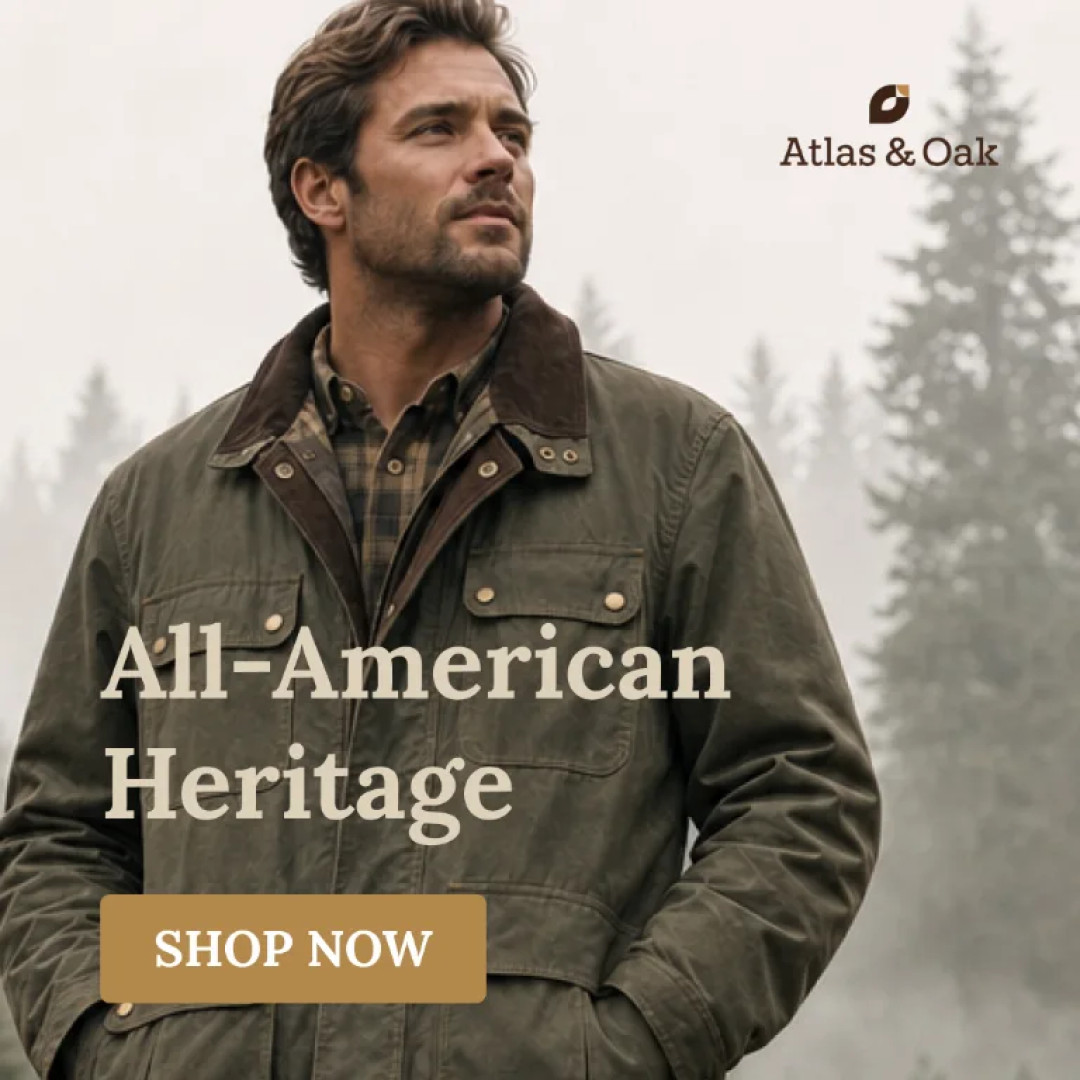 A menswear post reading All-American Heritage over a single strong image, with a Shop Now button