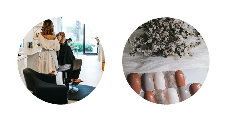 A beauty studio set: a stylist at work and a row of nail colours, each cut to the circle