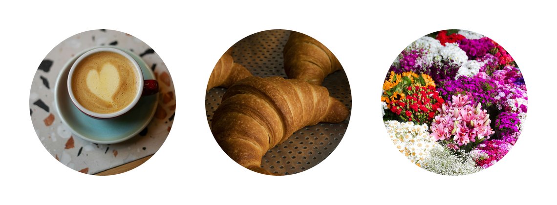 A café highlight set: a latte, a croissant and a bouquet, each cut to the circle, one subject per cover