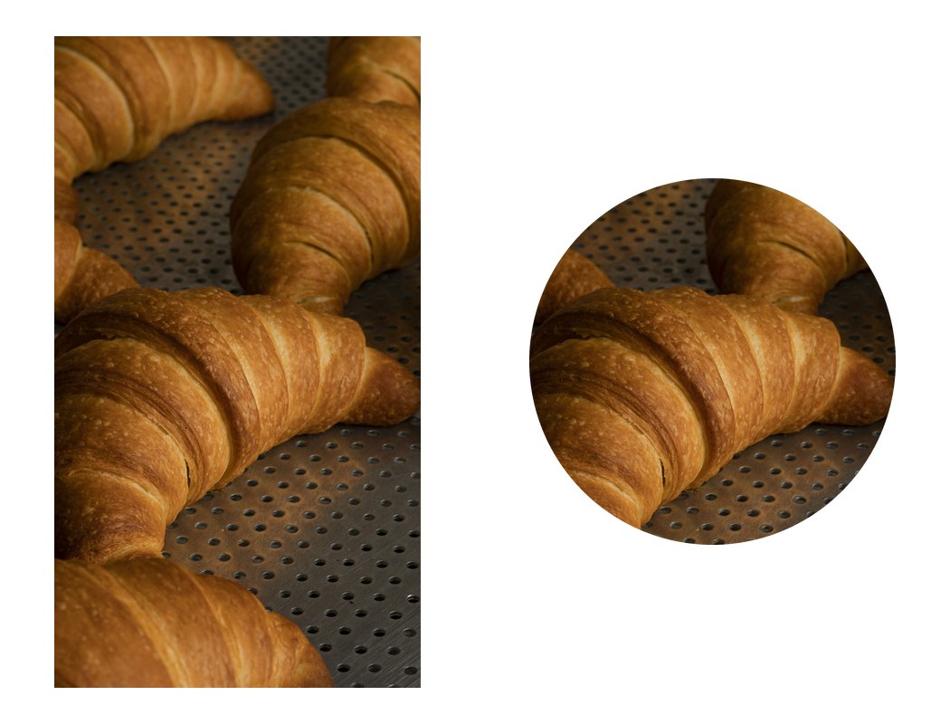 A croissant photo as a full 9:16 story frame, next to the same frame cut to the highlight circle: only the middle survives