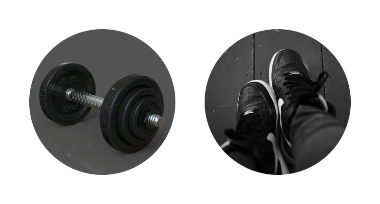 A fitness shop set: a dumbbell and a pair of trainers, each cut to the circle, one object per cover