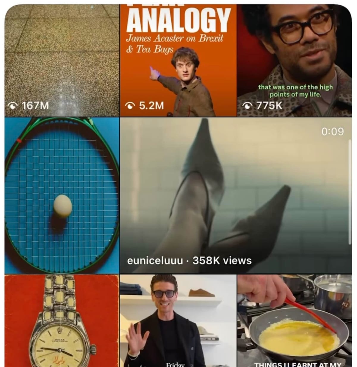 Instagram's Explore grid with one wide horizontal video tile between the square tiles