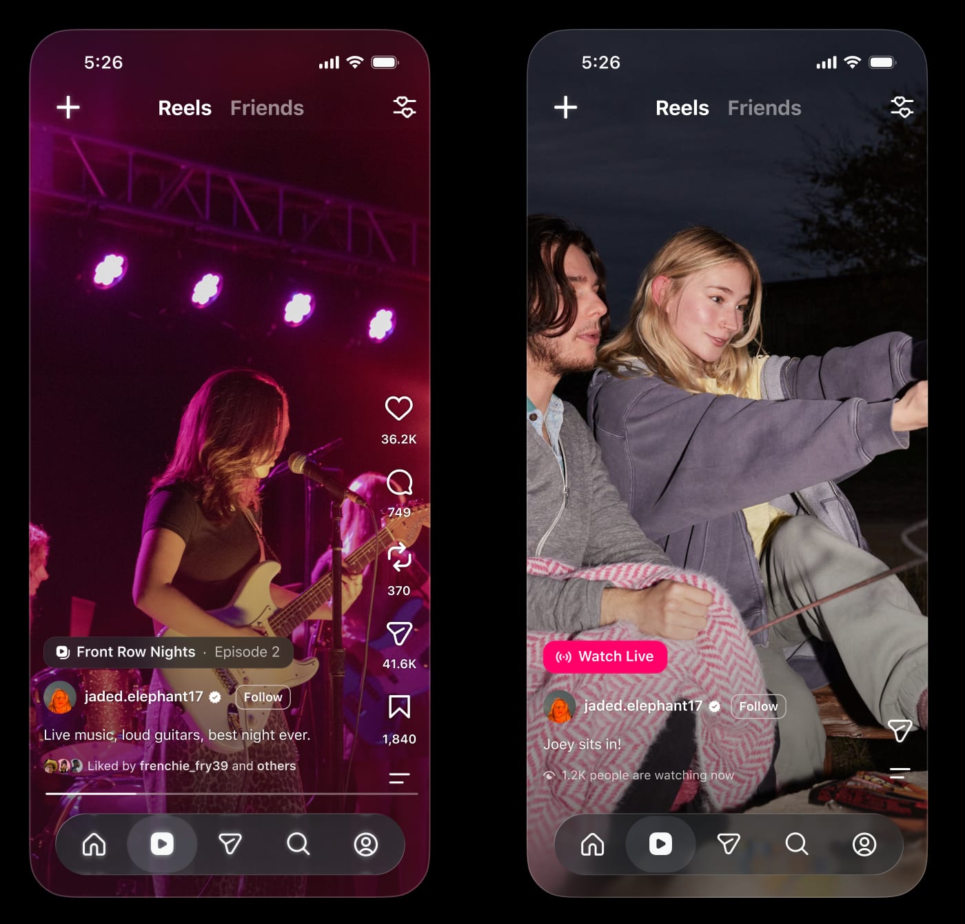 Two Reels from Instagram's test: a guitarist with the label Front Row Nights, Episode 2, and a campfire Live with a pink Watch Live button and 1.2K people are watching now