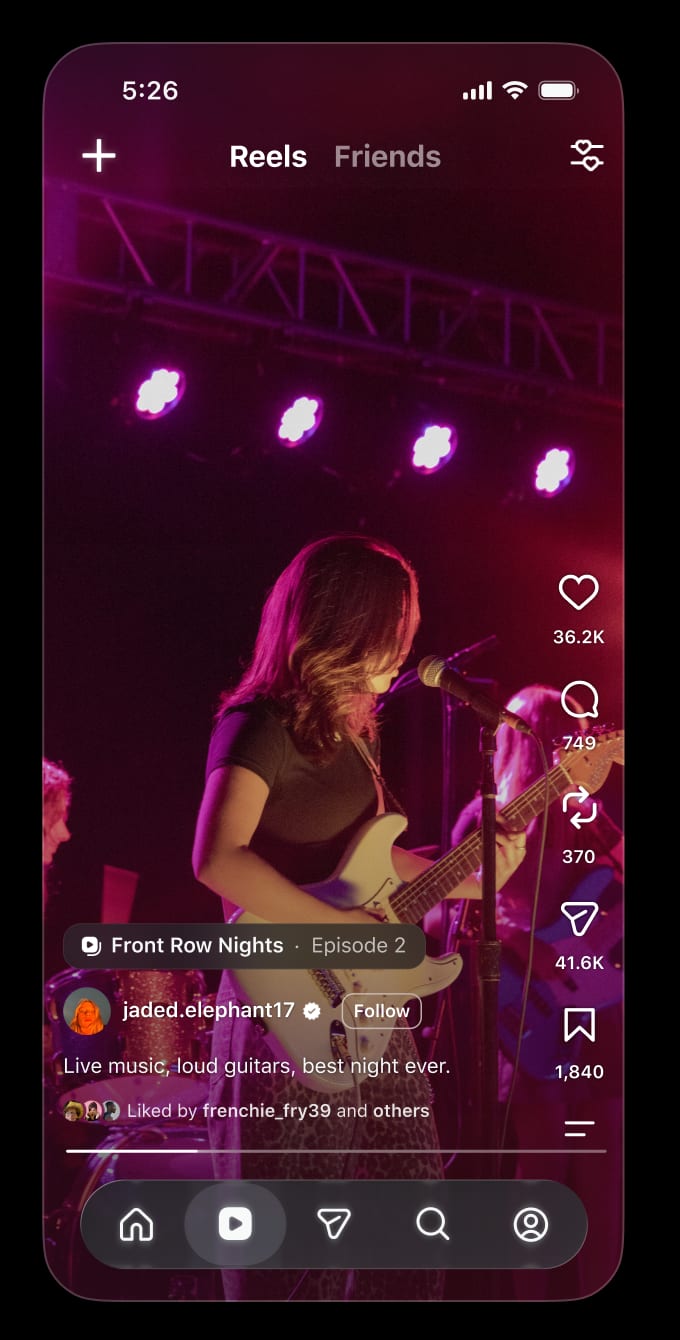 A Reel of a guitarist on stage with the label Front Row Nights, Episode 2, above the account name