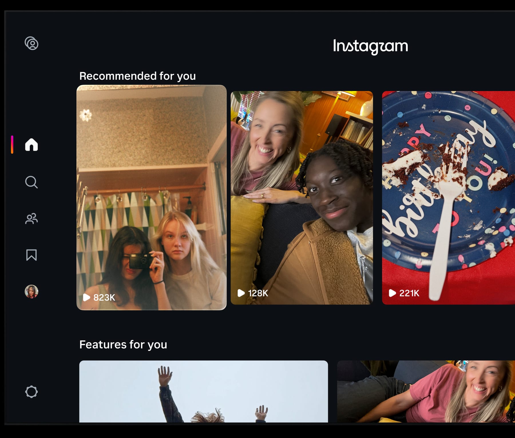Instagram's TV app with a Recommended for you row and, under it, the new Features for you row