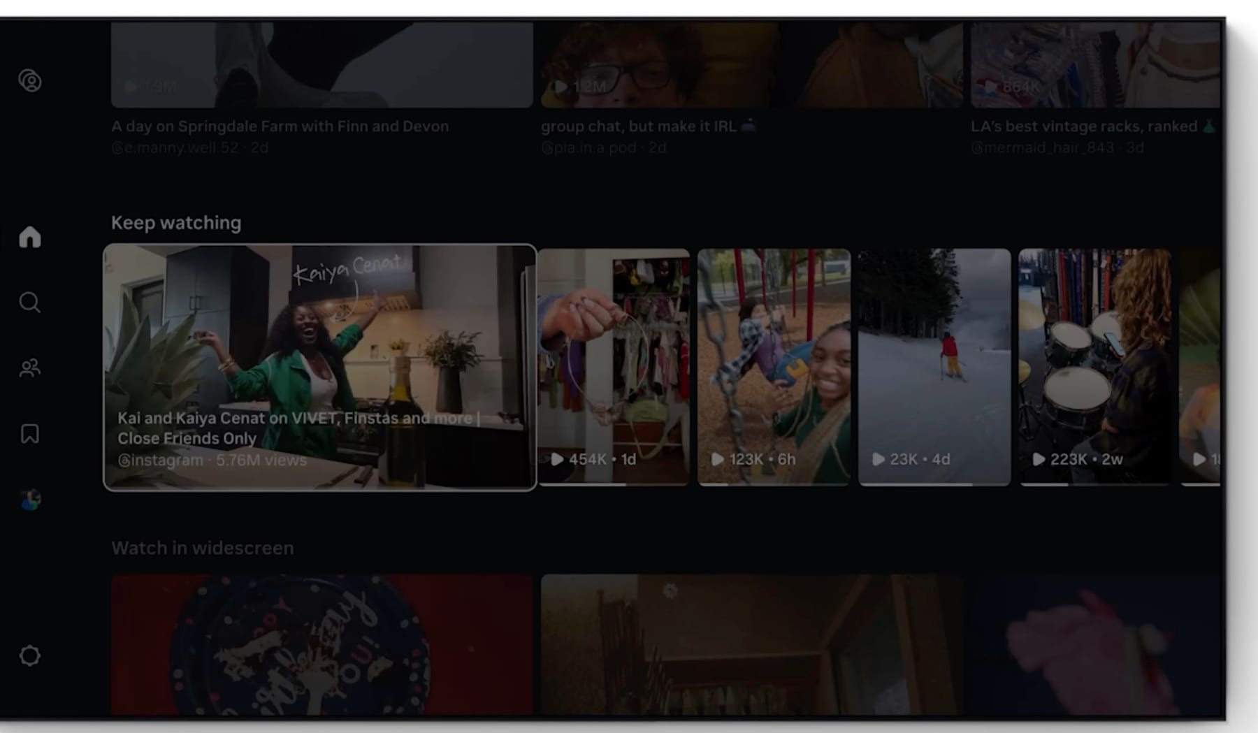 Instagram's TV app with a Keep watching row that starts with the show Kai and Kaiya Cenat on VIVET, Close Friends Only