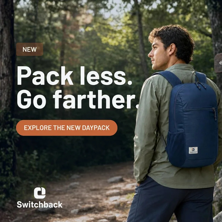 A backpack post reading Pack less. Go farther. with an Explore the new daypack button: one idea, sized for the feed
