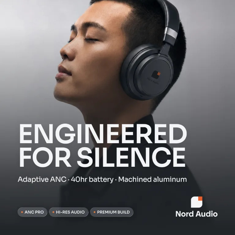 A headphones post reading Engineered for silence, with the ANC, battery life and casing spelled out underneath: one specific thing, taught in one frame