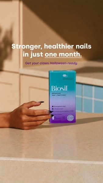 An Instagram story ad by Biosil in Meta's Ad Library: Stronger, healthier nails in just one month, Get your claws Halloween-ready, over a hand with dark nails next to the Biosil box
