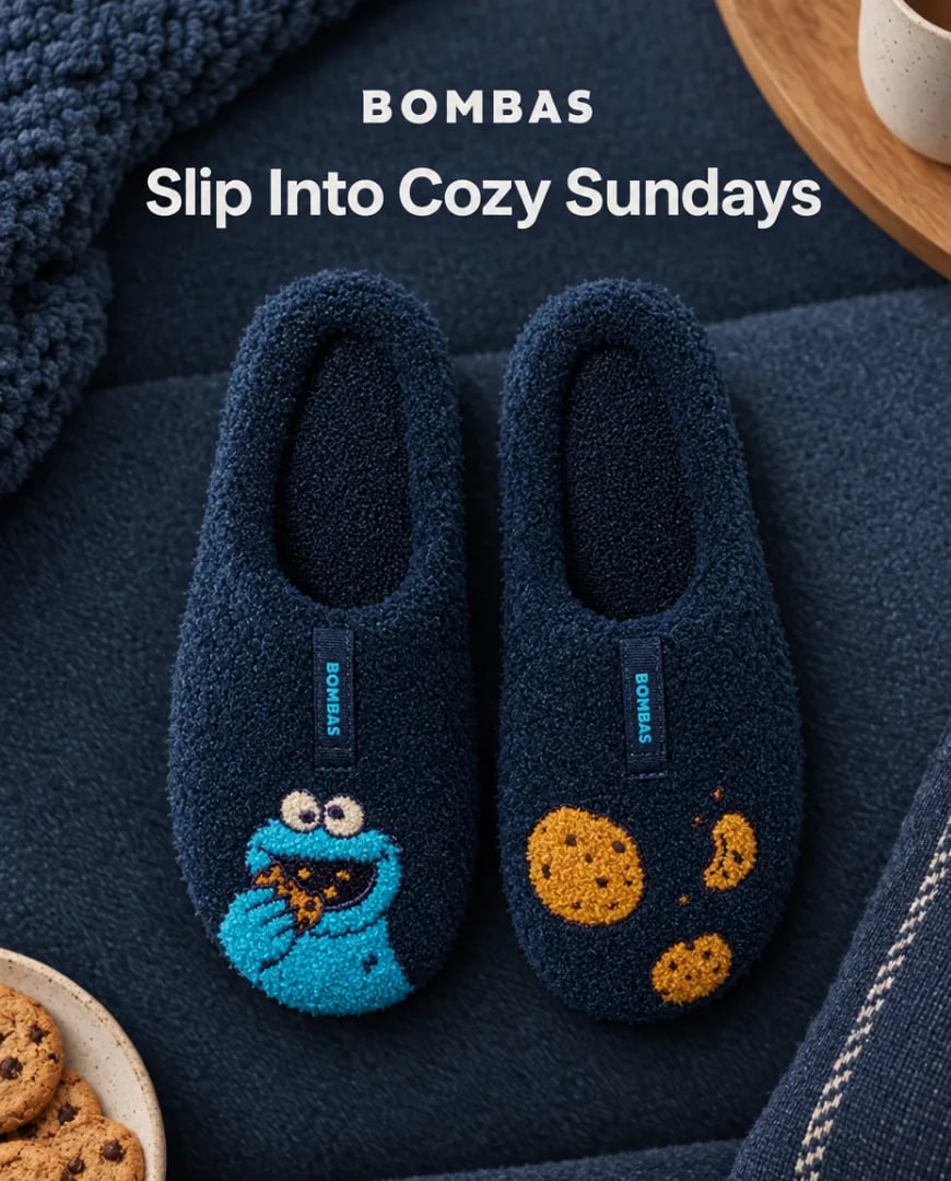 A static ad Selzee made for Bombas: Slip into cozy Sundays, over navy slippers with a Cookie Monster patch next to a plate of cookies