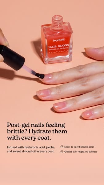An Instagram story ad by Heyhae Gel Nail in Meta's Ad Library: Post-gel nails feeling brittle? Hydrate them with every coat, under a hand painting nail gloss on a peach background