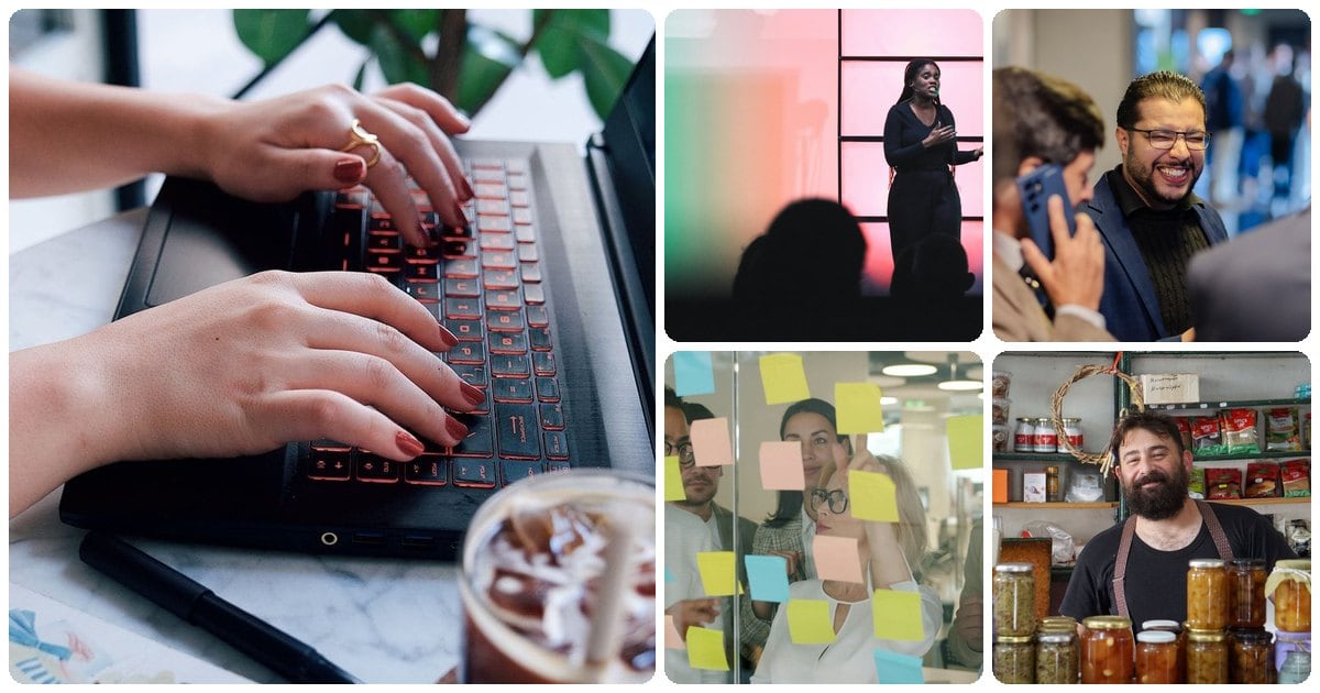 A collage of hands typing on a laptop, a speaker on a stage, two professionals laughing at a networking event, a team sorting sticky notes and a shop owner among jars of preserves
